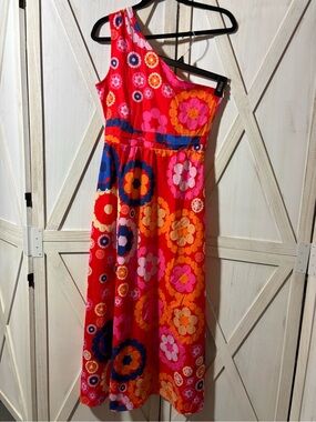 Bright Pink One-Shoulder Floral Midi Dress